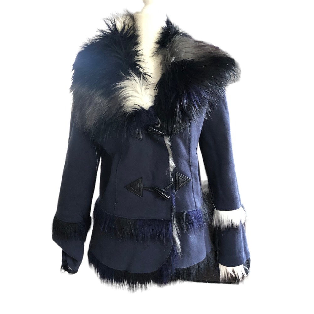 Simon Chang Blue and Black Fur-Trimmed Jacket